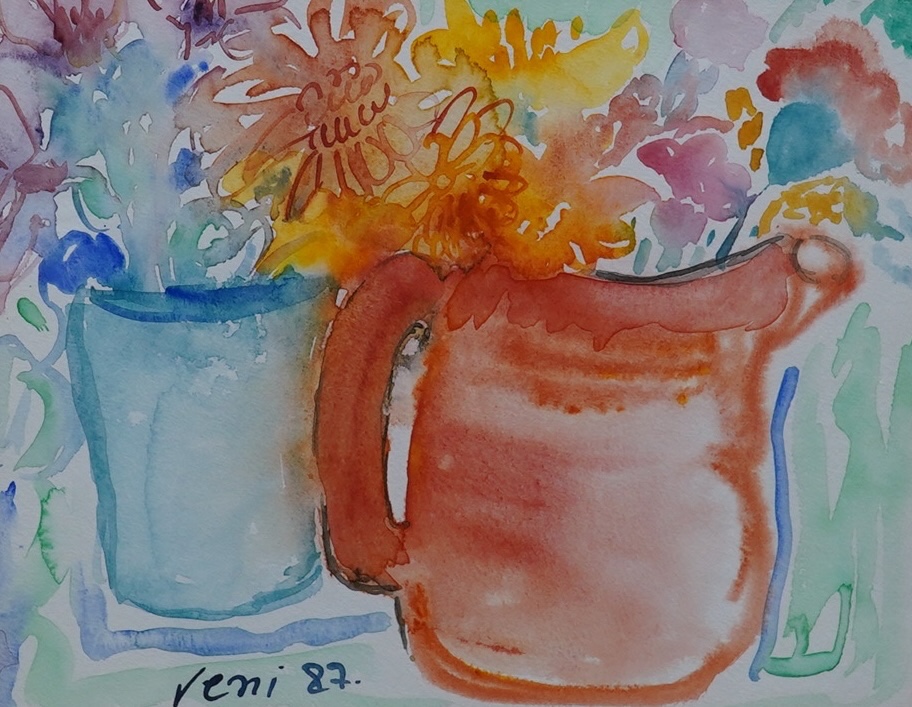 Reni, watercolour, Still life, jug and vase of flowers, signed and dated, ‘87, 24 x 29cm. Condition - good